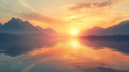 Fototapeta premium Sunset over a tranquil lake with mountains in the background warm colors and soft reflections