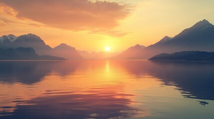 Naklejka premium Sunset over a tranquil lake with mountains in the background warm colors and soft reflections
