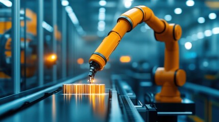 A robotic arm engages in precision manufacturing within a modern industrial setting, showcasing advanced automation technology.