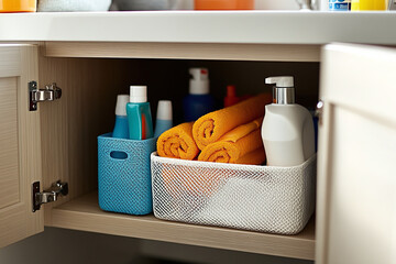 underneath a bathroom vanity in the cupboard, and organized space with cleaning supplies in bins and storage