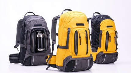Fototapeta premium Three Backpacks Yellow Grey and Black for Hiking Camping and Travel