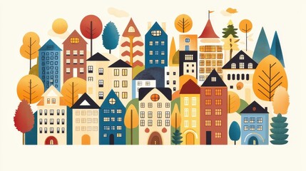 Colorful Abstract Cityscape Illustration with Buildings and Trees
