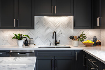 Modern kitchen with black cabinets, white marble countertop and silver sink in front of wall made from chevron pattern tiles. Minimalist interior design