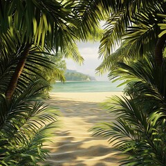 Obraz premium Tropical Beach Oasis Framed by Lush Greenery
