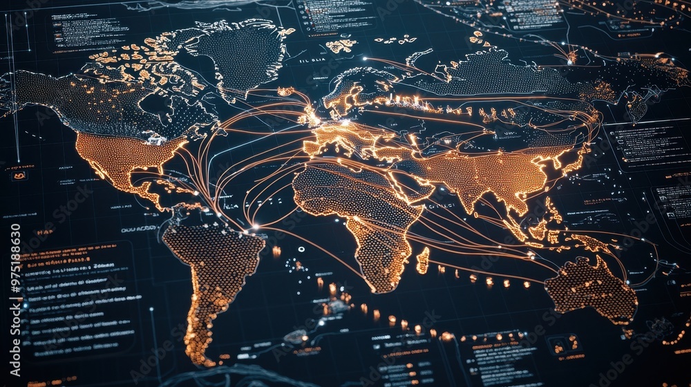 Poster global network connections map with orange lines and dots