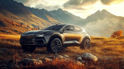 A modern SUV parked on a grassy hill with mountains in the background at sunset.