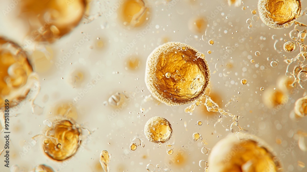 Aufkleber close-up of golden oil bubbles in a liquid creating an abstract and mesmerizing pattern.
