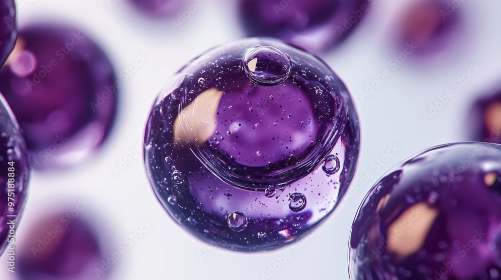 Aufkleber close-up of purple bubbles with clear liquid showing intricate details of spheres, creating a mesmer