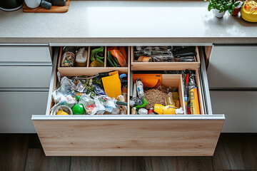 a modern kitchen with an untidy junk drawer open and stuff all in it