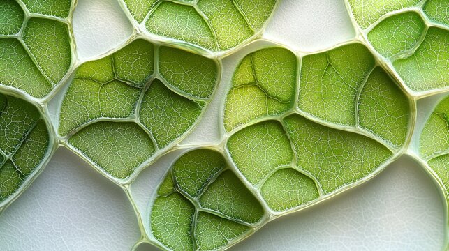 Close-up of green leaf cells revealing intricate cellular structure and natural patterns, showcasing botanical beauty and nature's complexity.