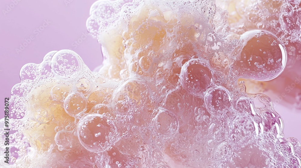 Poster close-up of vibrant soap bubbles on a pink background, creating a dreamy and playful abstract image.