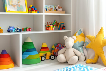 a child's bedroom neatly organized with neat toy storage