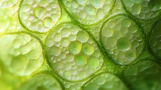 Close-up of green leaf cells with visible texture and water droplets creating a vibrant natural pattern. Perfect for nature and biology themes.