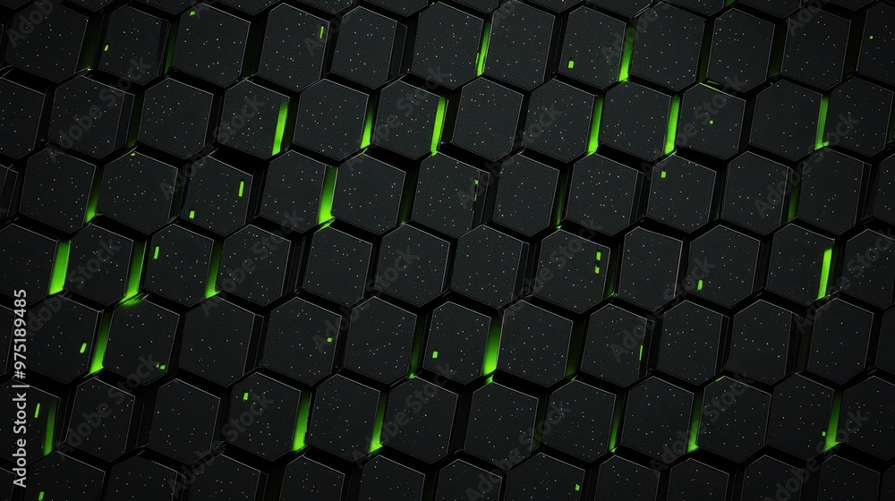 Poster abstract geometric hexagon pattern with green glowing lines black and green background