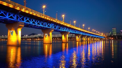 Fototapeta premium Illuminated Bridge Reflecting in Water at Night