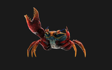 3d Illustration of a Fiddler crab. a strong carapace for protection and a giant orange claw as a weapon for defense, isolate on black background with clipping path.