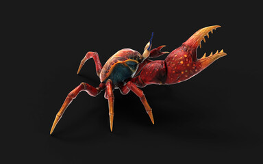 3d Illustration of a Fiddler crab. a strong carapace for protection and a giant orange claw as a weapon for defense, isolate on black background with clipping path.