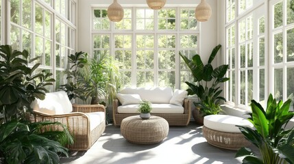 Bright and airy sunroom with comfortable seating 