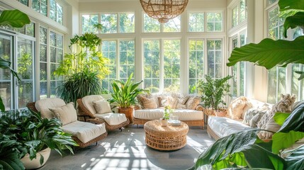 Fototapeta premium Bright and airy sunroom with comfortable seating 