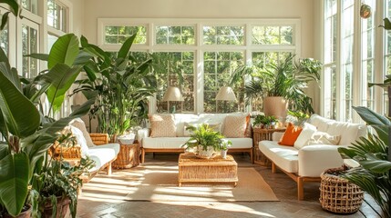 Fototapeta premium Bright and airy sunroom with comfortable seating 