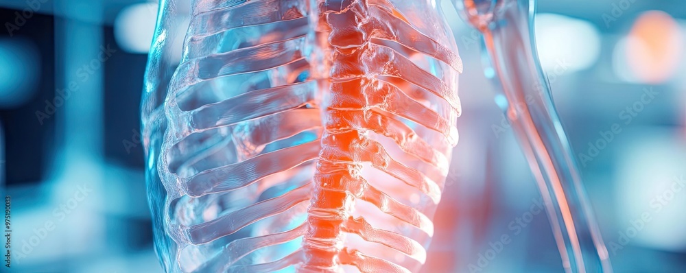 Poster an intricate image showcasing a transparent spine with glowing rib structures, emphasizing anatomy a