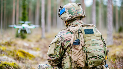 Fototapeta premium a modern soldier, equipped with the latest military technology, operating a drone from a forest clearing