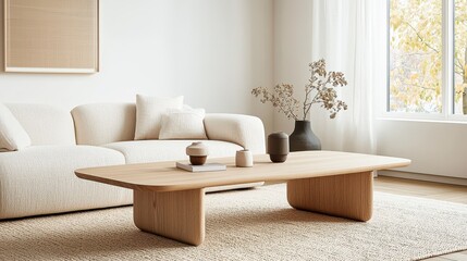 Modern Wooden Coffee Table in Minimalist Living Room Interior