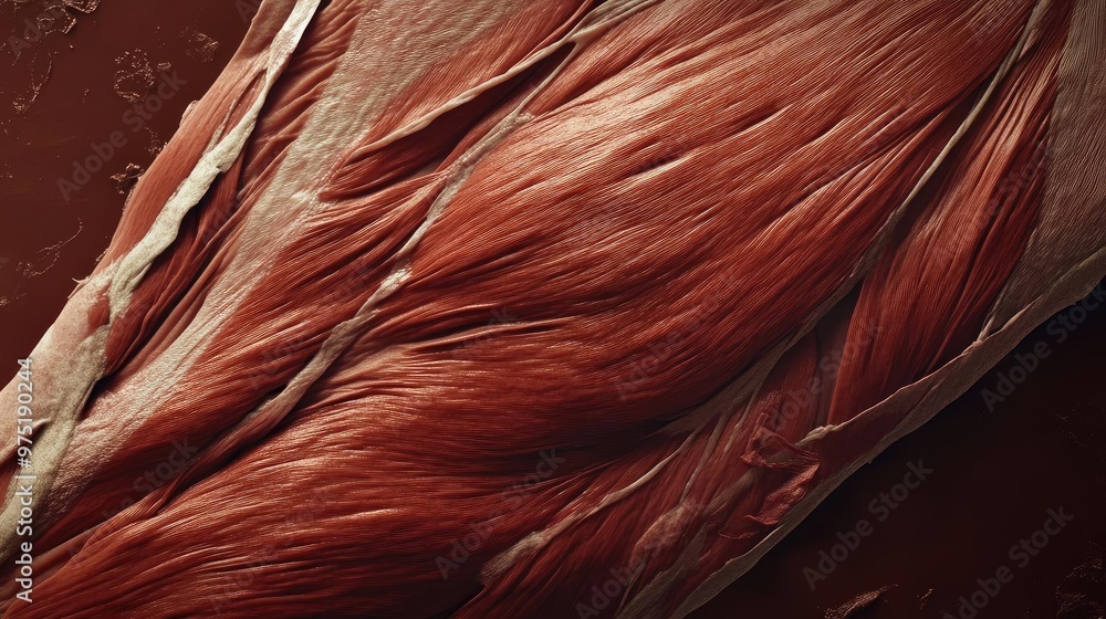 Poster close-up view of human muscle tissue, showcasing the intricate textures and patterns, suitable for a