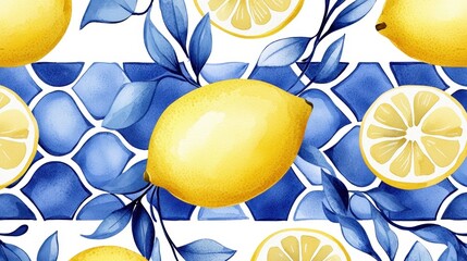 Watercolor Lemon and Blue Tile Seamless Pattern