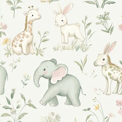 Playful Baby Animals Pattern with Floral Elements