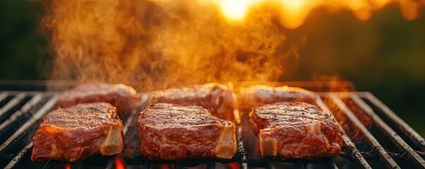 Smoke rising from a charcoal grill with dryaged steaks, with a sunset in the background, conveying a classic barbecue scene