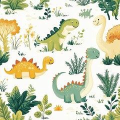 Playful Dinosaur Pattern Illustration with Greenery
