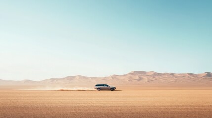 A silver SUV drives across a vast, sandy desert landscape under a clear blue sky.