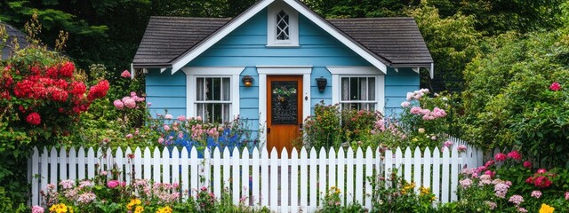 Fototapeta premium Charming cottage surrounded by a blooming garden with a white picket fence 