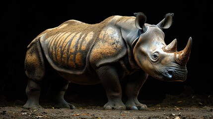 Fototapeta premium A realistic depiction of a rhinoceros in a dark environment.