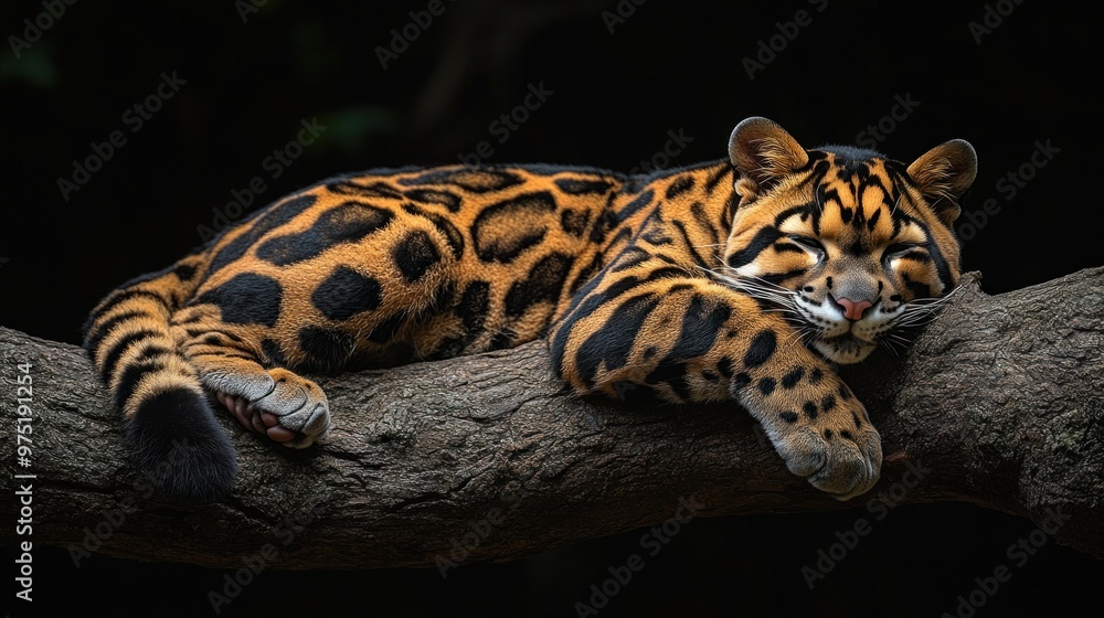 Poster a relaxed leopard resting on a branch in a dark environment.