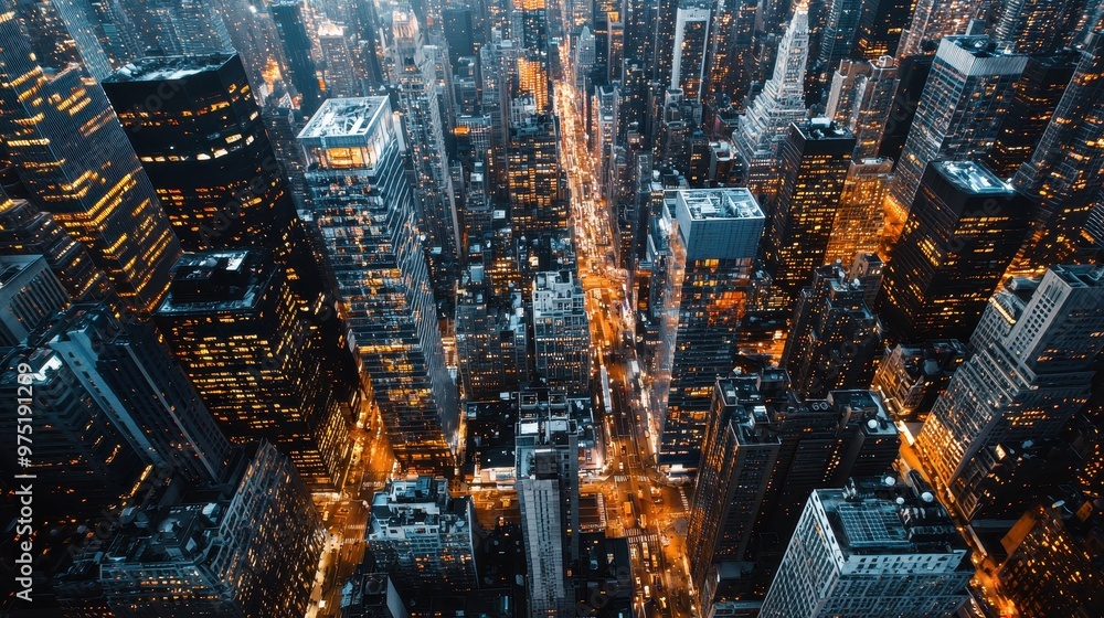 Poster aerial view of cityscape at night with illuminated buildings and streets