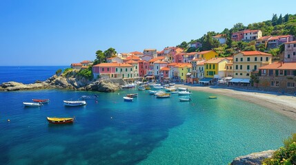 Charming seaside town with colorful houses  boats in the harbor