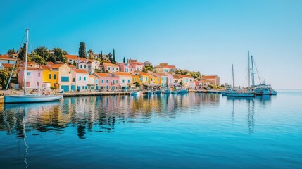 Obraz premium Charming seaside town with colorful houses boats in the harbor