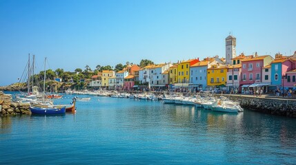 Fototapeta premium Charming seaside town with colorful houses boats in the harbor