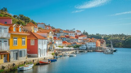 Obraz premium Charming seaside town with colorful houses boats in the harbor
