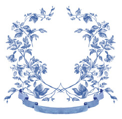 Dusty Blue Flowers Wedding Crest template PNG. Wedding Design