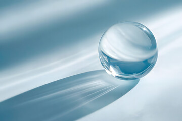 Transparent water drop on a blue background, resembling a clear, spherical bubble