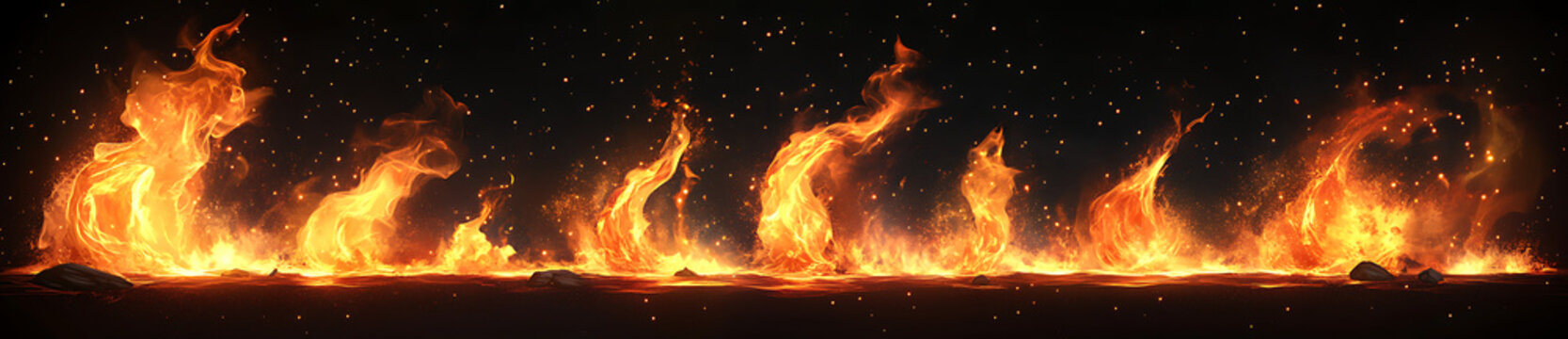 A sprite sheet of fire in various positions on a black background