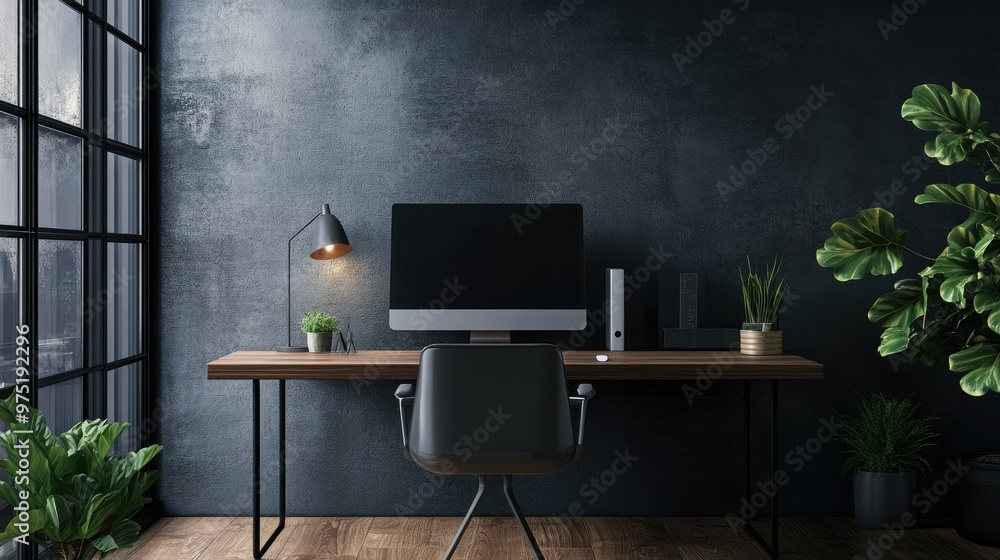 Wall mural contemporary workspace with a minimalist desk computer