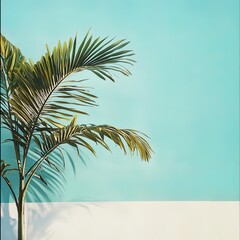 Tropical Green Palm Against Blue Wall Background