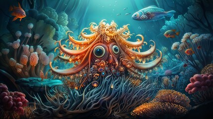 Vibrant Underwater Scene with Fantasy Creature and Colorful Marine Life