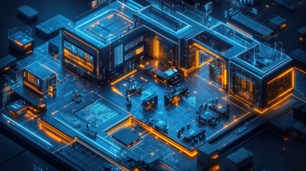 Futuristic digital workspace with neon accents and high-tech features.