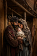Naklejka premium Mary and Joseph holding baby Jesus in a manger, humble Jewish couple from the 1st century AD