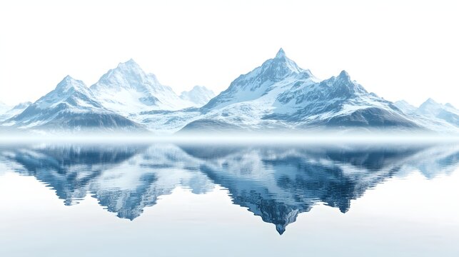 1. **A serene 3D render of a crystal-clear mountain lake with a reflection of snow-capped peaks, isolated on a pristine white background